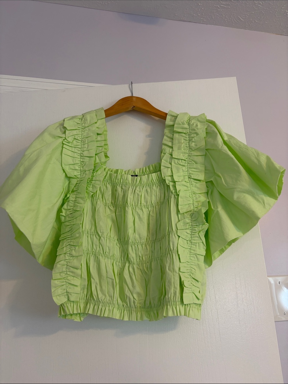 Zara Lime Green Ruffled Smocked Cropped Blouse